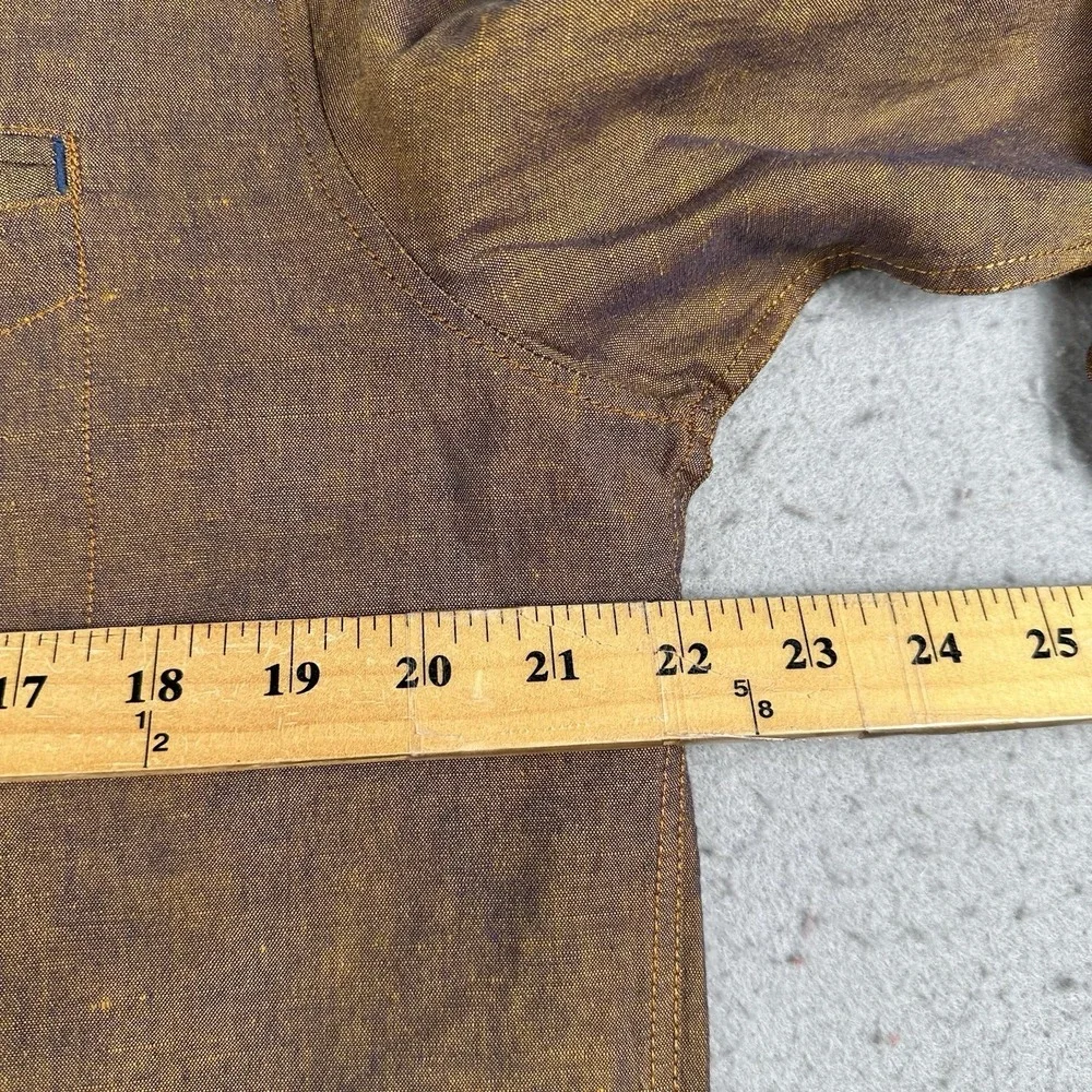 32 Bar Blue Button Up Shirt Men's Medium Metallic Copper Bronze Cotton Linen - Picture 12 of 16
